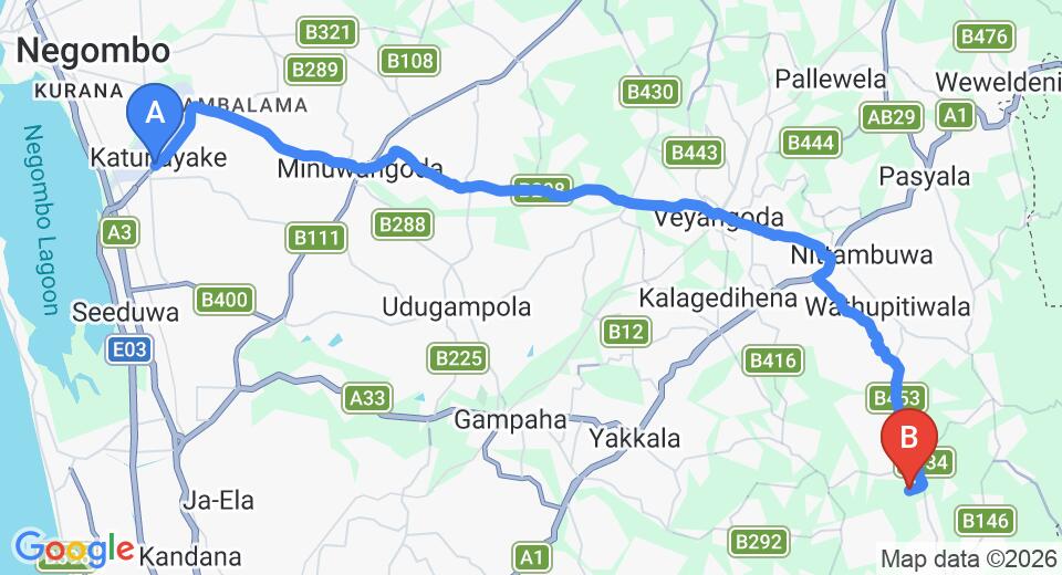 Driving route map: Colombo Airport (CMB) to Walgammulla (37 km, approx 1 h 15 min private transfer)