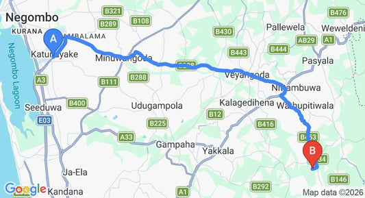 Driving route map: Colombo Airport (CMB) to Walgammulla (37 km, approx 1 h 15 min private transfer)