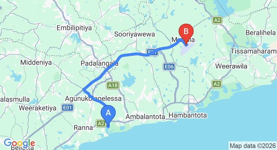 Driving route map: Kalametiya to Mattala (HRI) Airport (47 km, approx 48 min private transfer)
