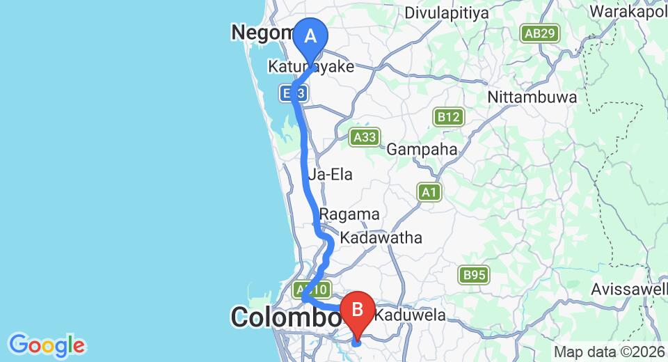 Driving route map: Colombo Airport (CMB) to Sarasavi Uyana (39 km, approx 53 min private transfer)