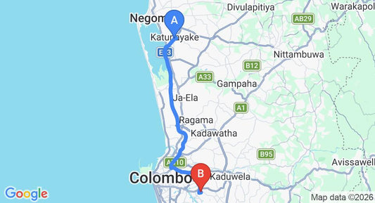 Driving route map: Colombo Airport (CMB) to Sarasavi Uyana (39 km, approx 53 min private transfer)