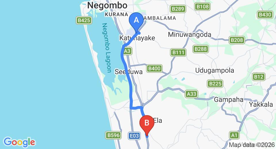 Driving route map: Colombo Airport (CMB) to Kandana (17 km, approx 26 min private transfer)