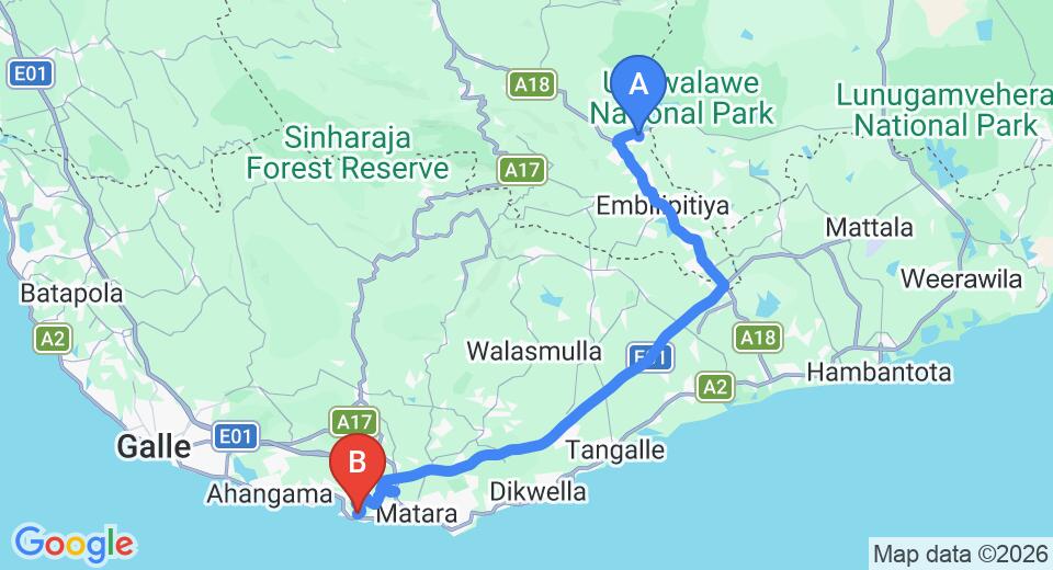 Driving route map: Udawalawe to Mirissa (100 km, approx 1 h 52 min private transfer)