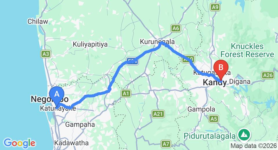 Driving route map: Colombo Airport (CMB) to Deer Point Bungalow, Kandy (116 km, approx 2 h 54 min private transfer)