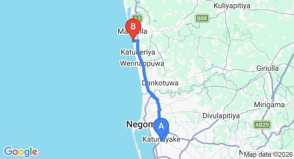 Driving route map: Colombo Airport (CMB) to Hotel Sea Mountain, Marawila (31 km, approx 59 min private transfer)