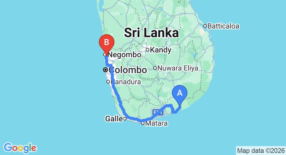 Driving route map: Weerawila to Colombo Airport (CMB) (279 km, approx 3 h 34 min private transfer)