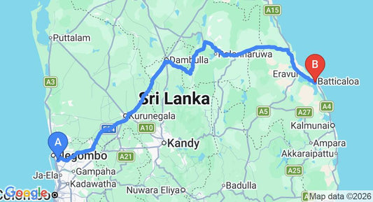 Driving route map: Colombo Airport (CMB) to 15 Lady Manning Drive, Batticaloa (293 km, approx 6 h 4 min private transfer)