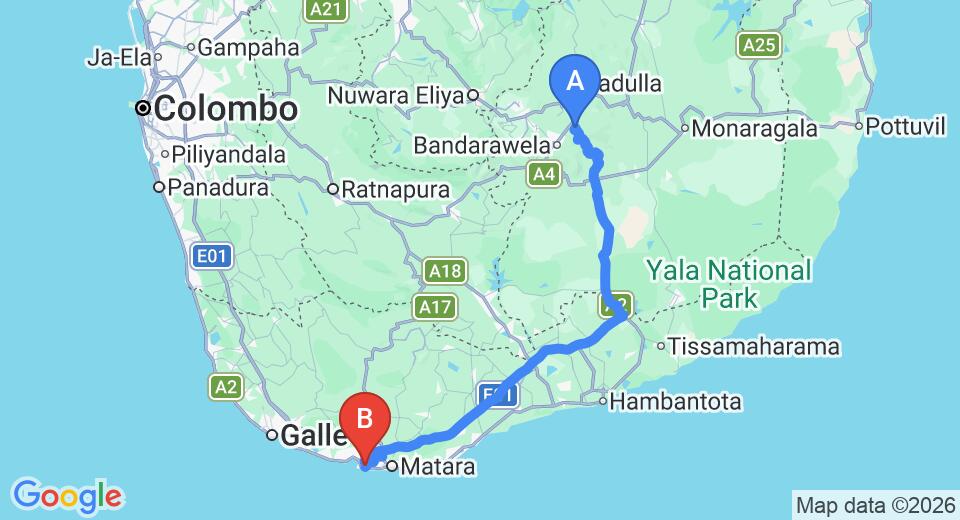 Driving route map: Ella to Mirissa (176 km, approx 3 h 8 min private transfer)