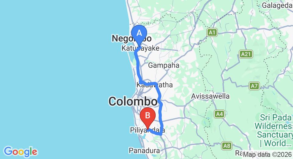 Driving route map: Colombo Airport (CMB) to Piliyandala (63 km, approx 1 h 6 min private transfer)