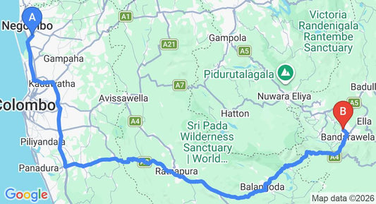 Driving route map: Colombo Airport (CMB) to Rock House Bungalow, Bandarawela (221 km, approx 5 h 24 min private transfer)