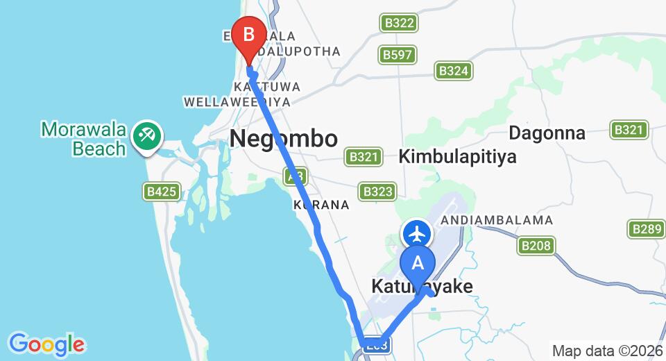 Driving route map: Colombo Airport (CMB) to Nova Beach Residence, Negombo (12 km, approx 27 min private transfer)