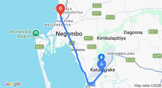 Driving route map: Colombo Airport (CMB) to Nova Beach Residence, Negombo (12 km, approx 27 min private transfer)