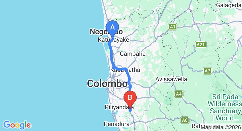 Driving route map: Colombo Airport (CMB) to Polgasowita (56 km, approx 55 min private transfer)