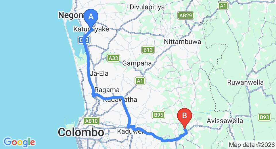 Driving route map: Colombo Airport (CMB) to Kaluaggala (57 km, approx 1 h 17 min private transfer)