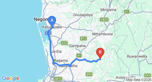Driving route map: Colombo Airport (CMB) to Radawana (48 km, approx 1 h 4 min private transfer)