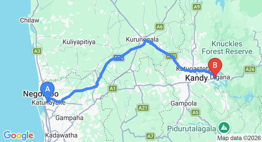 Driving route map: Colombo Airport (CMB) to Ashane Holiday Bungalow, Wasgamuwa (125 km, approx 3 h 14 min private transfer)