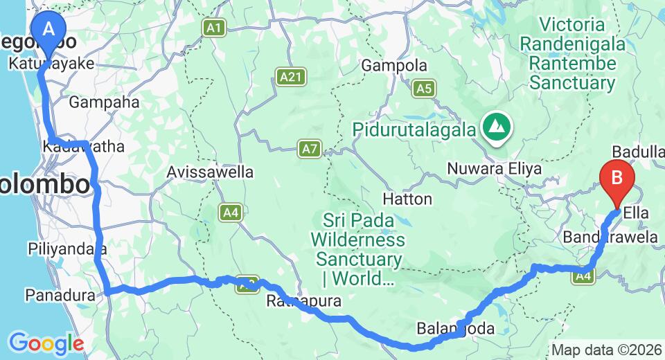 Driving route map: Colombo Airport (CMB) to Anasa Wellness Resort, Bandarawela (226 km, approx 5 h 40 min private transfer)