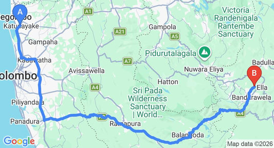 Driving route map: Colombo Airport (CMB) to Anasa Wellness Resort, Bandarawela (226 km, approx 5 h 40 min private transfer)
