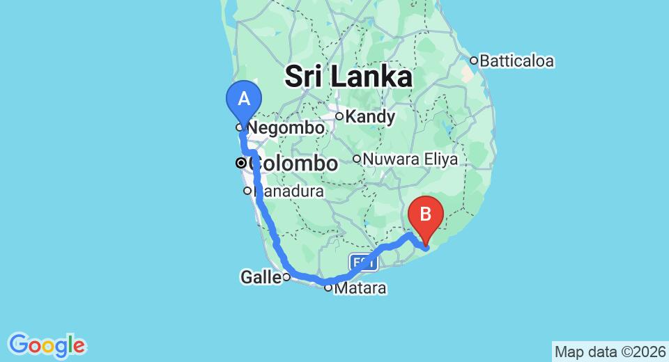 Driving route map: Colombo Airport (CMB) to Lake View Bungalow Yala, Tissamaharama (283 km, approx 3 h 52 min private transfer)