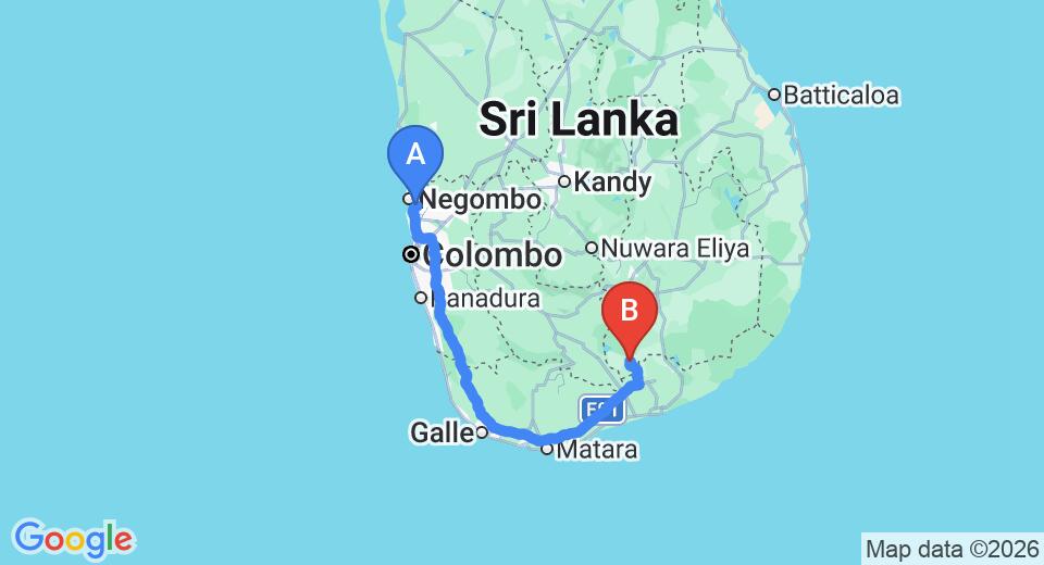 Driving route map: Colombo Airport (CMB) to Thuduwa Camp, Embilipitiya (257 km, approx 3 h 26 min private transfer)