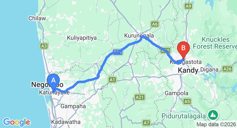 Driving route map: Colombo Airport (CMB) to Nisala Villa, Kandy (110 km, approx 2 h 40 min private transfer)