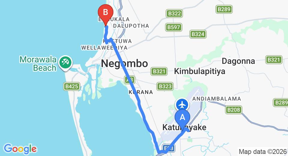 Driving route map: Colombo Airport (CMB) to The Beach, Negombo (13 km, approx 30 min private transfer)