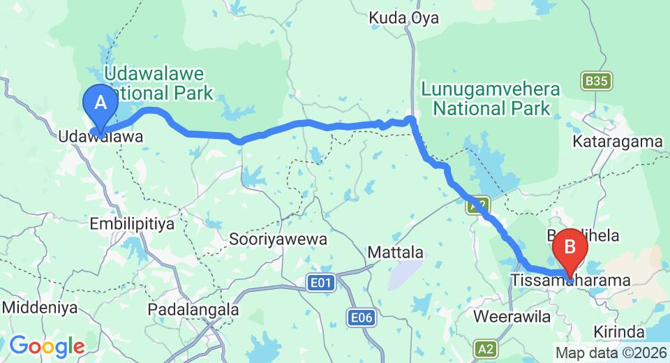 Driving route map: Udawalawe to Tissamaharama (66 km, approx 1 h 21 min private transfer)