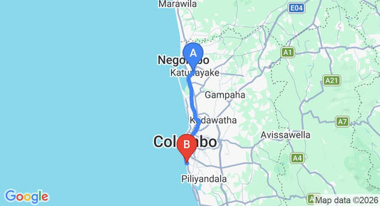 Driving route map: Colombo Airport (CMB) to Frangipani, Dehiwala (41 km, approx 1 h 1 min private transfer)