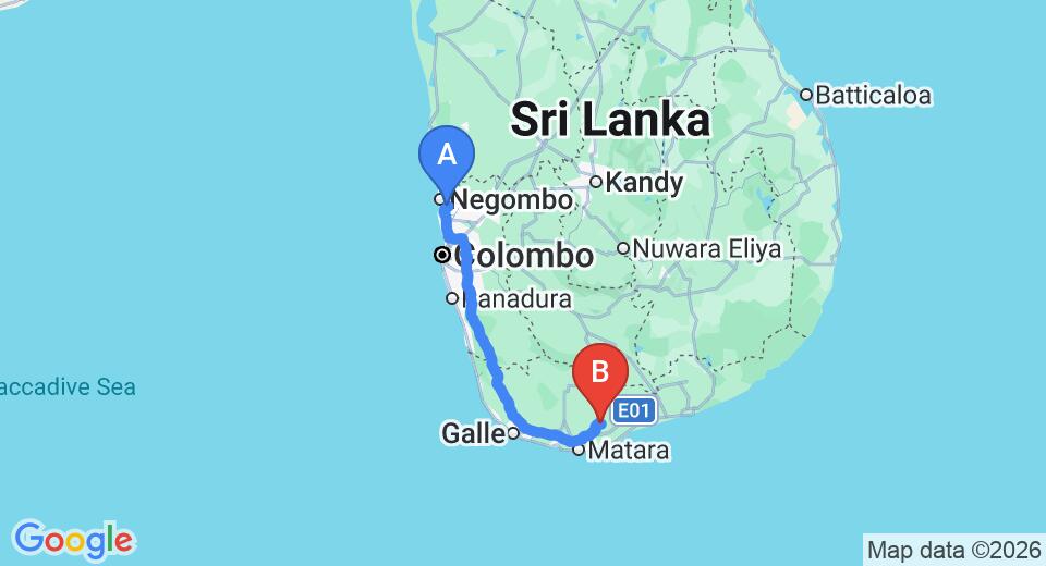 Driving route map: Colombo Airport (CMB) to Hakmana (197 km, approx 2 h 46 min private transfer)