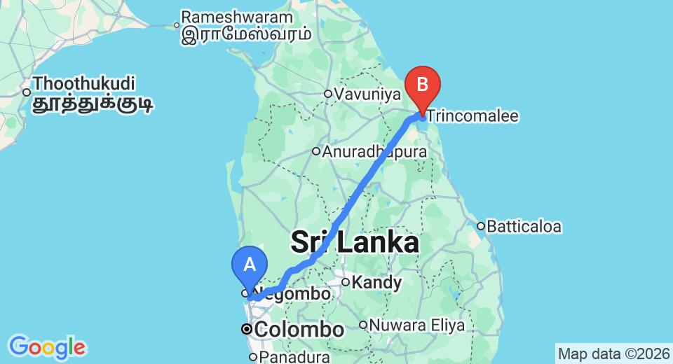 Driving route map: Colombo Airport (CMB) to N Joy Inn, Trincomalee (239 km, approx 4 h 51 min private transfer)