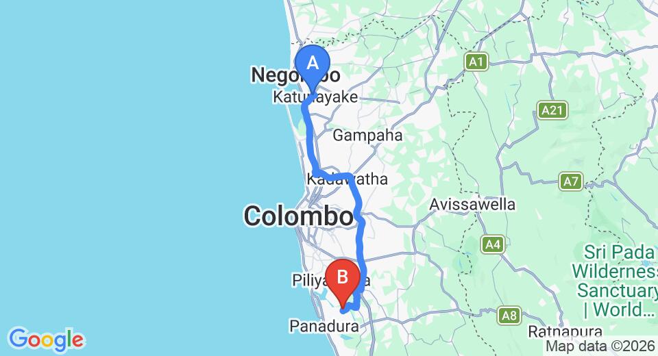 Driving route map: Colombo Airport (CMB) to Lotus Grand Villa, Panadura (64 km, approx 1 h 9 min private transfer)