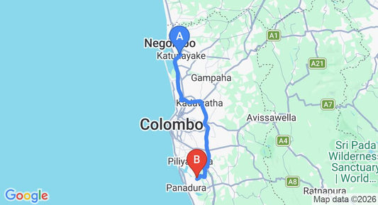 Driving route map: Colombo Airport (CMB) to Lotus Grand Villa, Panadura (64 km, approx 1 h 9 min private transfer)