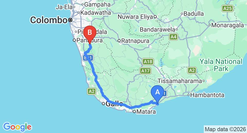 Driving route map: Tangalle to Yala (146 km, approx 2 h 14 min private transfer)