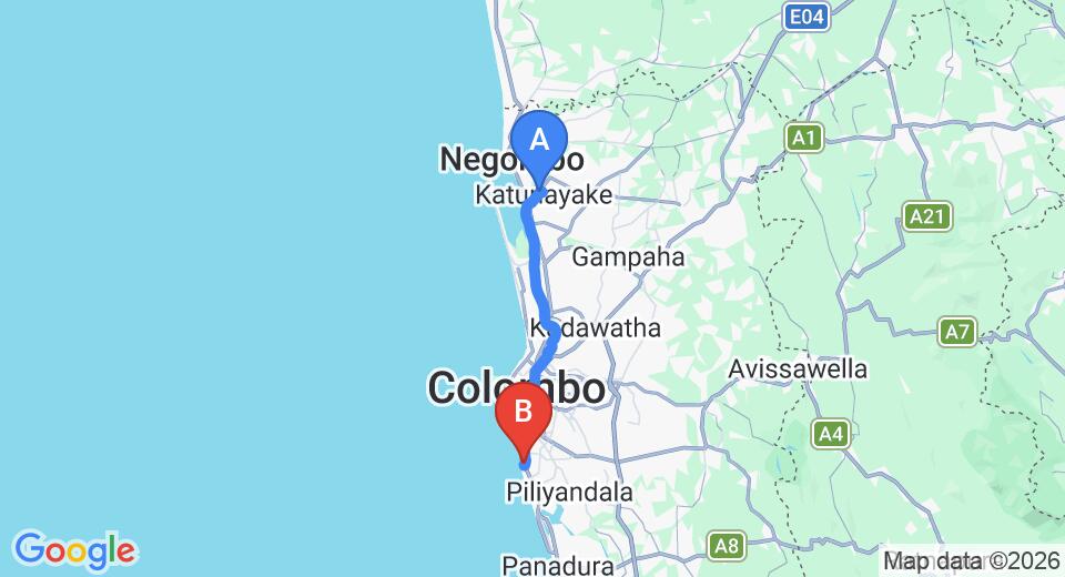 Driving route map: Colombo Airport (CMB) to Palms Mount Lavinia, Mount Lavinia (43 km, approx 1 h 10 min private transfer)