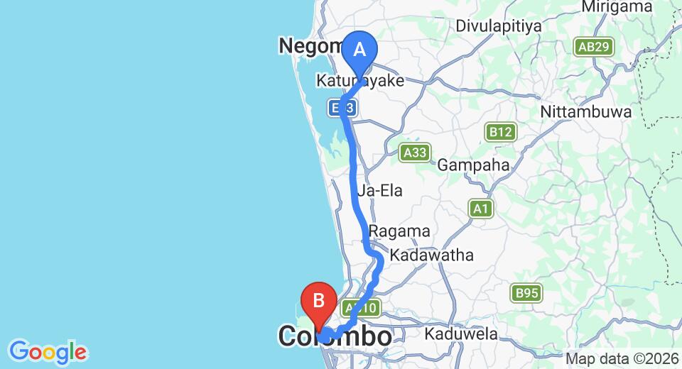 Driving route map: Colombo Airport (CMB) to Galle Face, Colombo (37 km, approx 49 min private transfer)