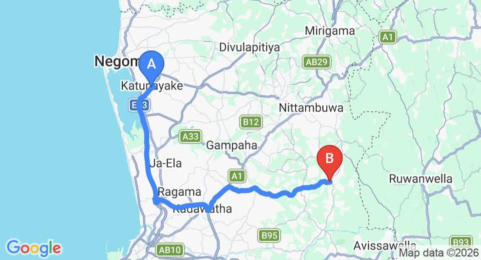 Driving route map: Colombo Airport (CMB) to Kirindiwela (52 km, approx 1 h 12 min private transfer)