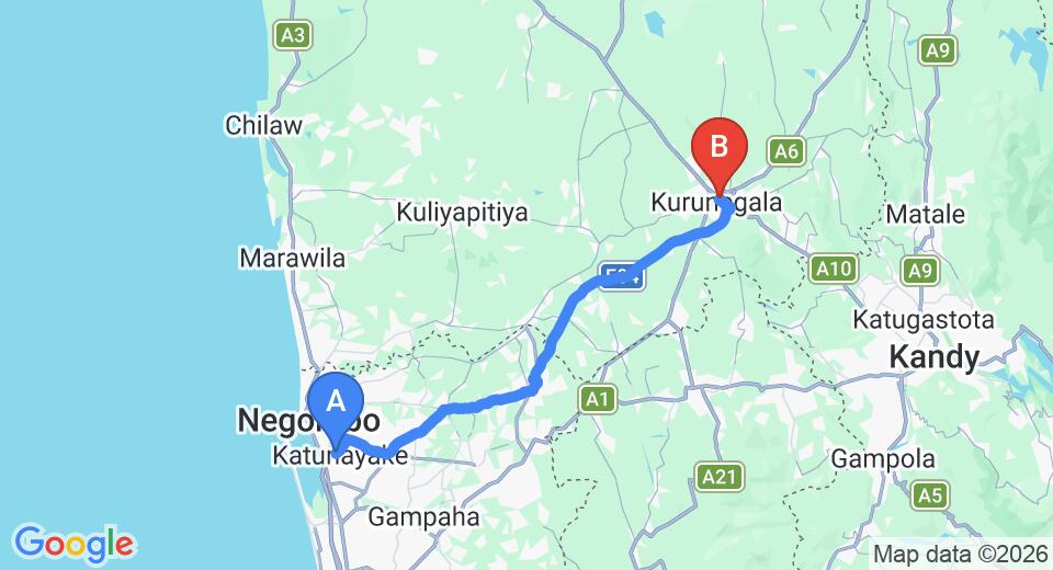 Driving route map: Colombo Airport (CMB) to Nightingaleinn, Kurunegala (76 km, approx 1 h 39 min private transfer)
