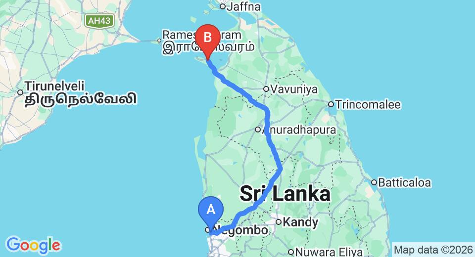 Driving route map: Colombo Airport (CMB) to The Palmyrah House, Mannar (306 km, approx 6 h 2 min private transfer)