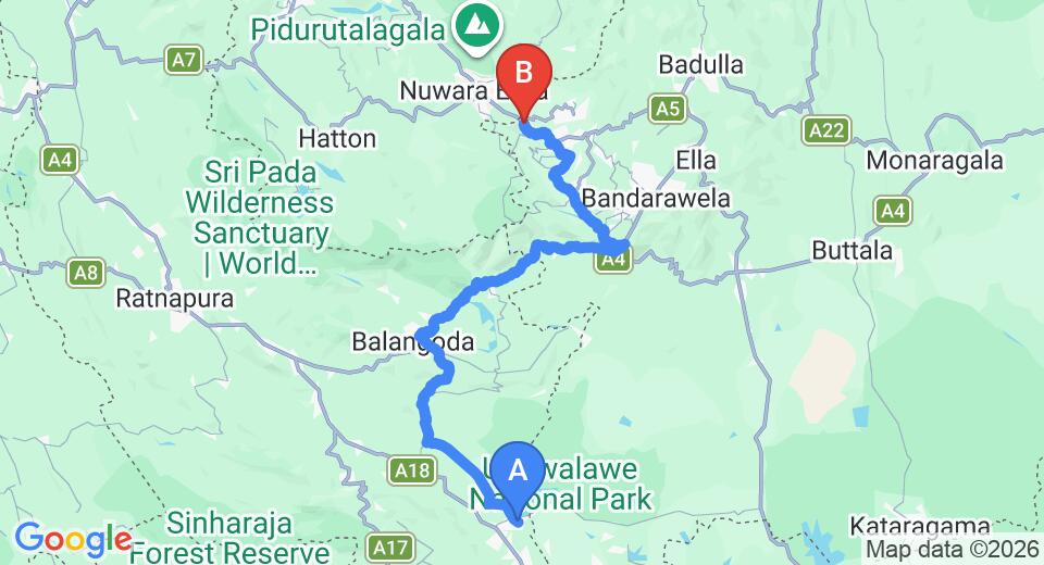 Driving route map: Udawalawe to Haggala (122 km, approx 3 h 39 min private transfer)