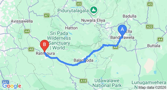Driving route map: Bandarawela to Ratnapura (104 km, approx 2 h 52 min private transfer)