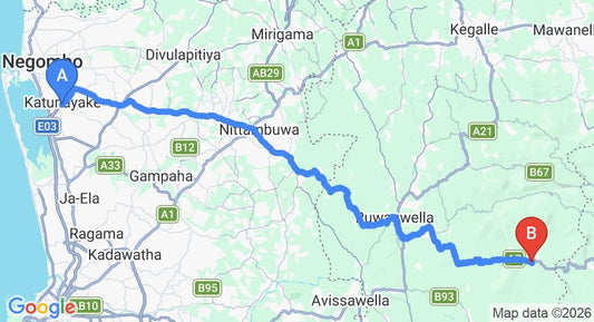 Driving route map: Colombo Airport (CMB) to Kitulgala Rest House, Kitulgala (81 km, approx 2 h 25 min private transfer)