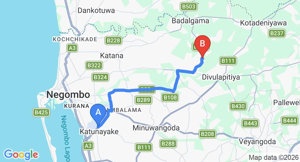 Driving route map: Colombo Airport (CMB) to Hunumulla (20 km, approx 36 min private transfer)
