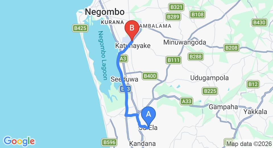Driving route map: Ja Ela to Colombo Airport (CMB) (15 km, approx 20 min private transfer)