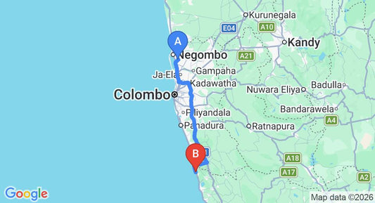 Driving route map: Colombo Airport (CMB) to Whispering Palms Hotel, Induruwa (112 km, approx 1 h 46 min private transfer)