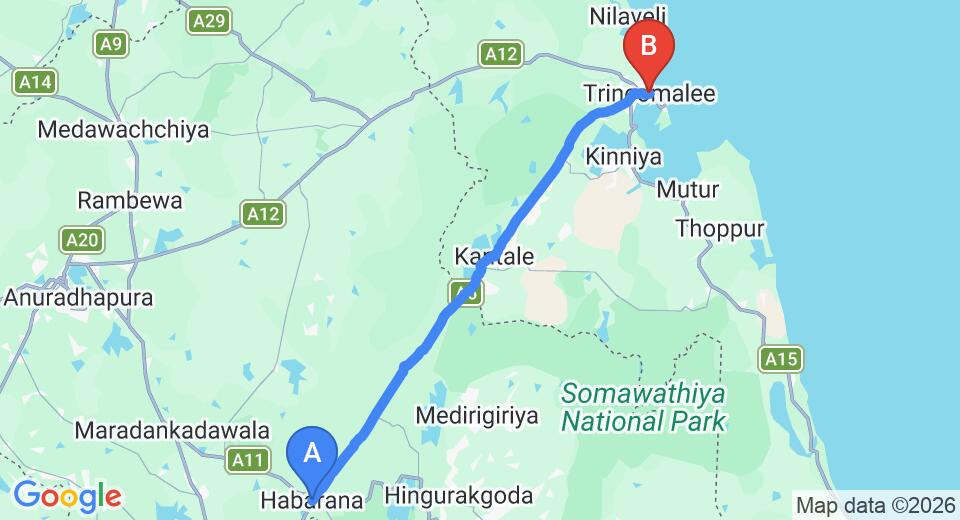 Driving route map: Habarana to Trincomalee (84 km, approx 1 h 30 min private transfer)