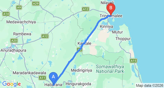 Driving route map: Habarana to Trincomalee (84 km, approx 1 h 30 min private transfer)