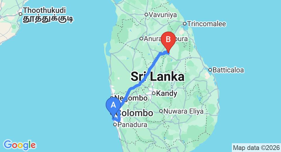 Driving route map: Ratmalana (RML) Airport to Minneriya (222 km, approx 4 h 39 min private transfer)