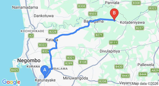 Driving route map: Colombo Airport (CMB) to Mellawagedara (27 km, approx 49 min private transfer)