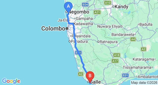 Driving route map: Colombo Airport (CMB) to Hotel Dhammika, Unawatuna (153 km, approx 2 h 10 min private transfer)