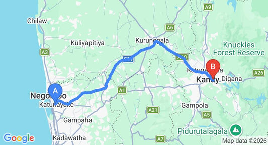 Driving route map: Colombo Airport (CMB) to Kandy Rivers Edge Nature Resort, Kandy (117 km, approx 2 h 58 min private transfer)